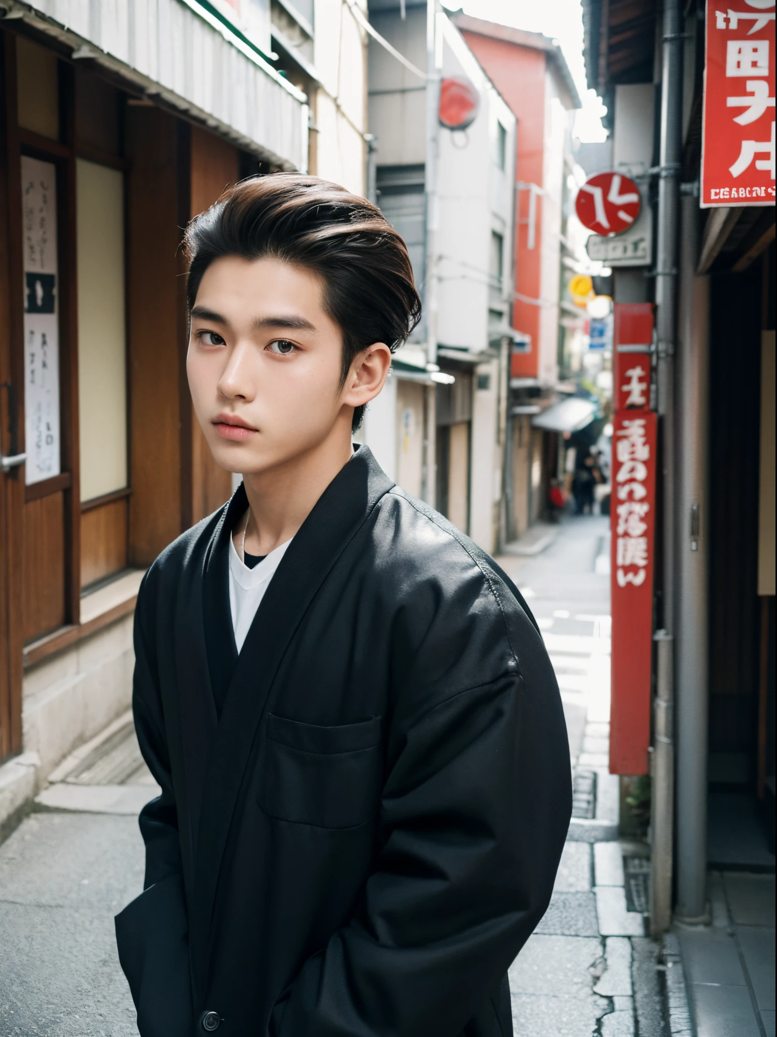 boy, 20 years old, slick back, haramaki, japanese street, half body photo, head facing the camera