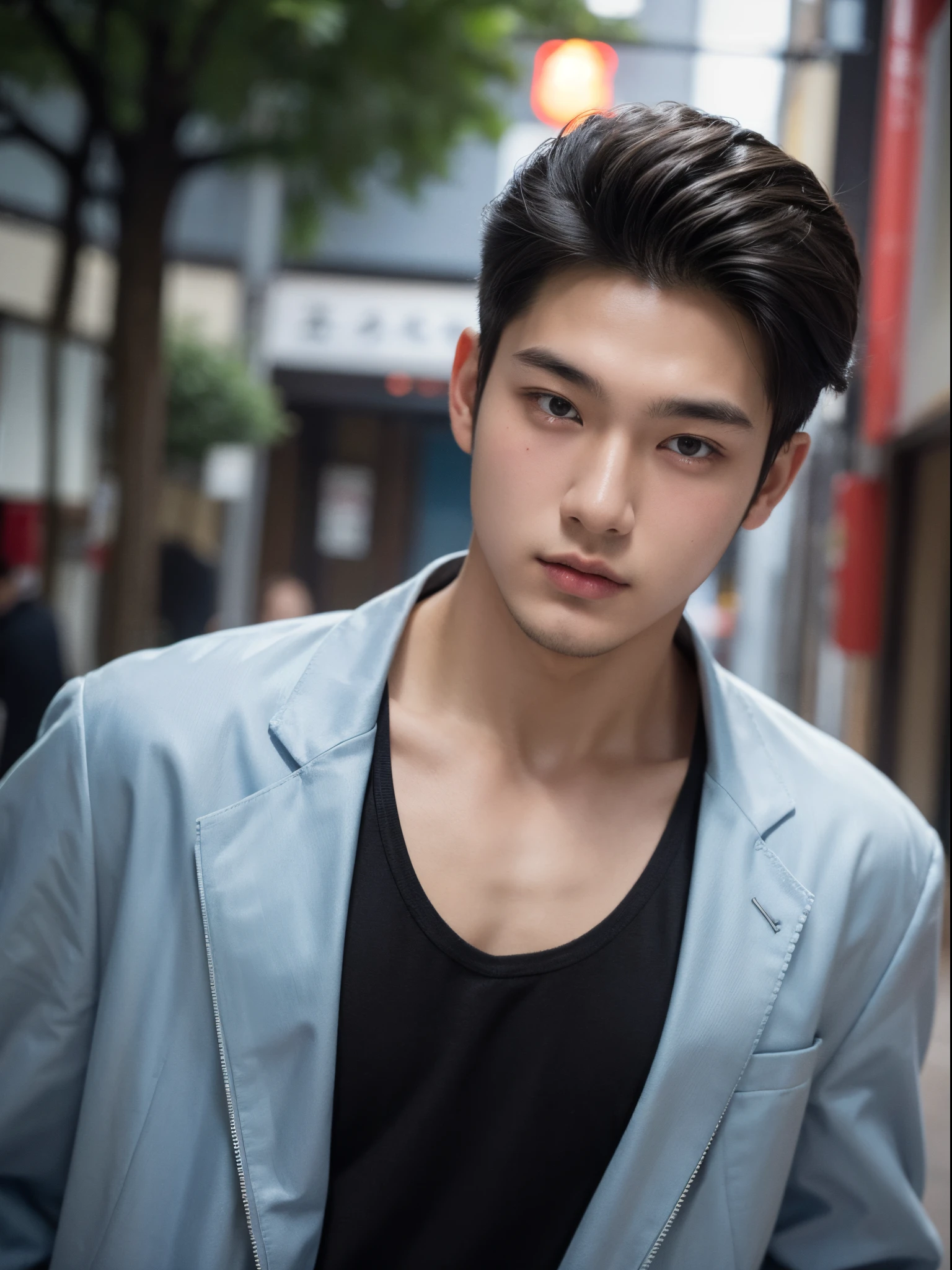 boy, 20 years old, slick back, haramaki, japanese street, half body photo, head facing the camera