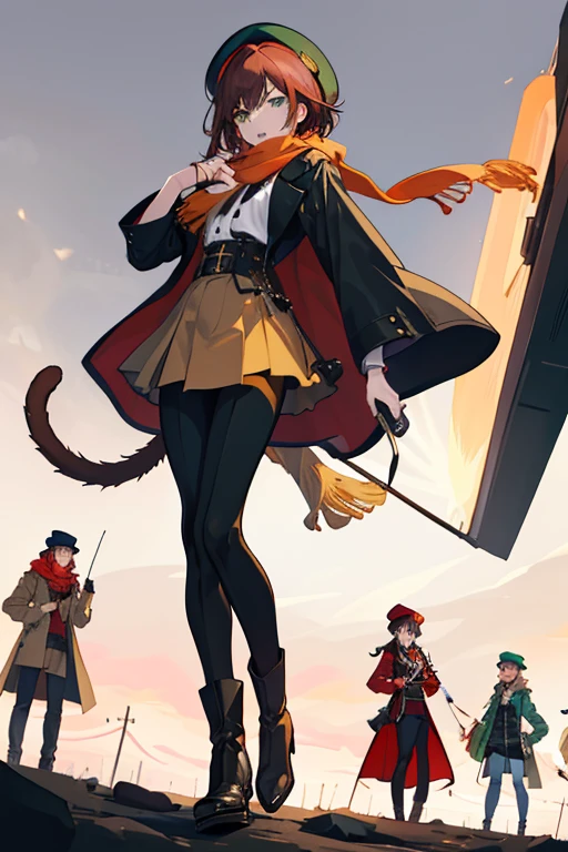 （（tmasterpiece：1.4，best qualtiy））++，（hyper-detailing）+，（best qualtiy，hyper-detailing，vivd colour，rich colourful，dynamic angle，hight contrast：1.2），younge boy，Height 140cm，adolable，Caramel color short hair，Lake green eyes，Caramel colored cat ears and tail，shorter pants，Long-sleeved skirt，Brown knee-length boots，Clothing with Chinese elements，beret，beret with tassels，Green scarf tied around the neck，draw the whole body，Holding a black crossbow in hand，dream elements，The style of the collapsing stardom railway，delicated face，exquisite  features，（from below：0.5）， Fashionab， with dynamism， garments， posing on a， frontage， rich colourful， dyna， Background with， element in， self-assured， Expressing the， statement， fittings， A majestic， coil， Runt， Scenes， Cover of a， boldness， attention-grabbing， Fashionab， typeface， Catchy， attention-grabbing， modern day， Fashionab， focal， Fashionab，National tide，modern national style background