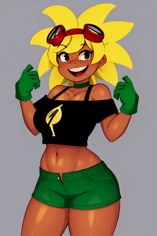 Solar_The Flash_(Plants_against_zombies_Heroes), Masterpiece, Best Quality, 1girl, blonde hair, Smile, goggles, midriff, goggles on head, Shorts, bellybutton, open mouth, gloves, Black Eyes, sunflower, Sun, dark skin, flower, off-shoulder, Hand on hip, Shirt, dark skinned female, black undershirt, off-shoulder shirt, freckles, crop-top, looking a viewer, :D, green gloves, green shorts, teeth, Choker, Heavy breasts, Huge boobs, Huge boobs, NSFW, lust, , thicc, Hot, thick-thighs