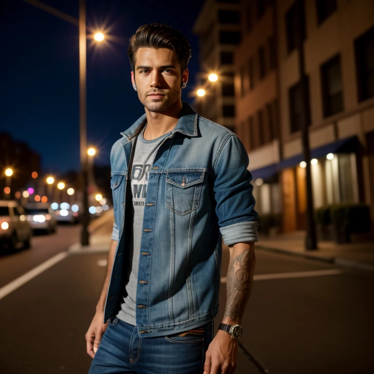 slim american boy, american pop idol, ((hobo)), ((top-quality, 8K, tmasterpiece: 1.3)), lock focus: 1.2, Handsome guy with perfect figure: 1.4, Detailed depiction of facial and skin textures, 詳細な目, skiny, Handsome face, Symmetrical face, whole-length, Thigh thick, Sloppy dress, The streets at night