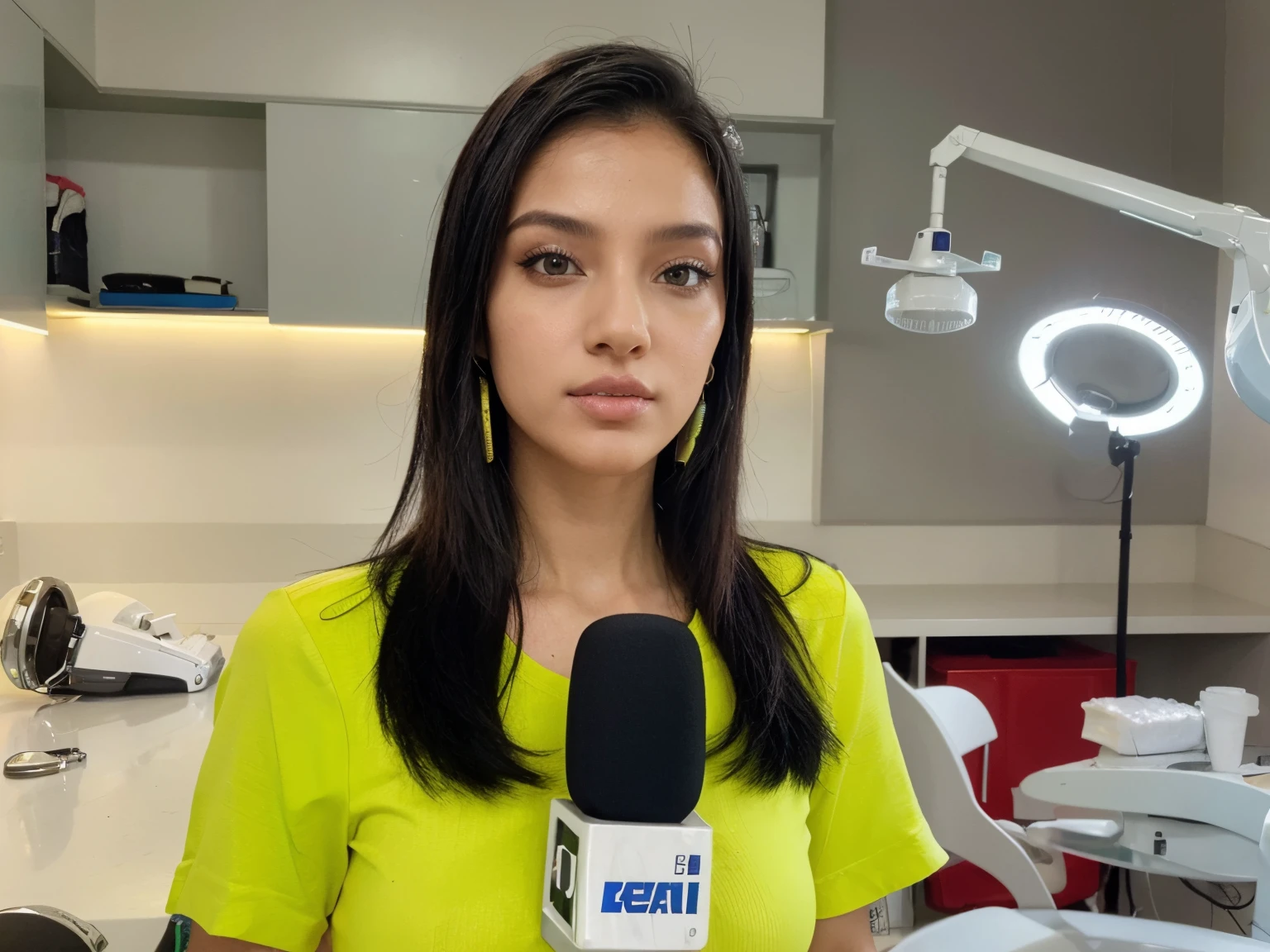 MMulher brasileira, branca, no estilo futurista, cyberpunk, cabelo escruro e liso, blusa amarela, olhos amendoados e escuros