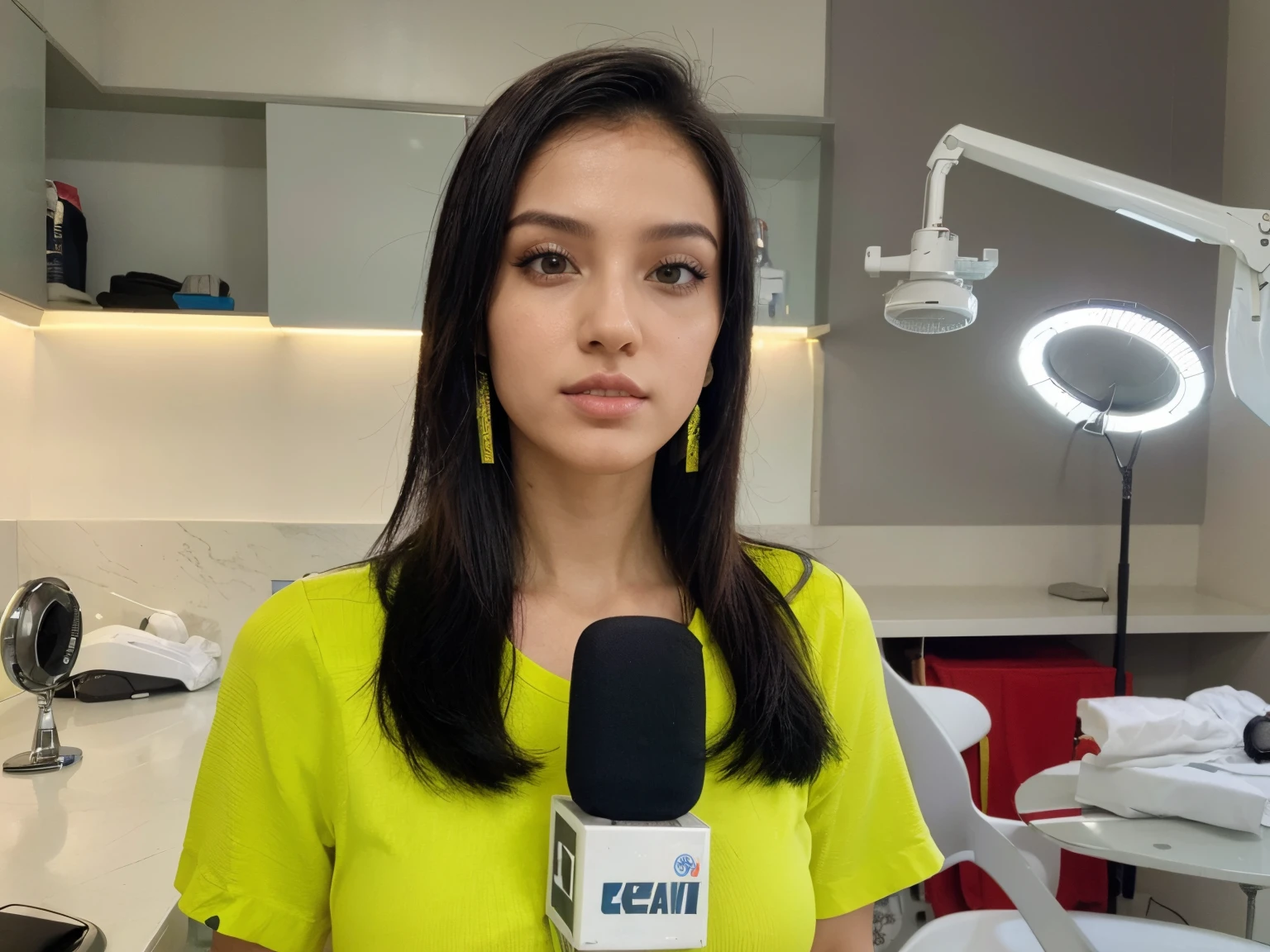 MMulher brasileira, branca, no estilo futurista, cyberpunk, cabelo escruro e liso, blusa amarela, olhos amendoados e escuros