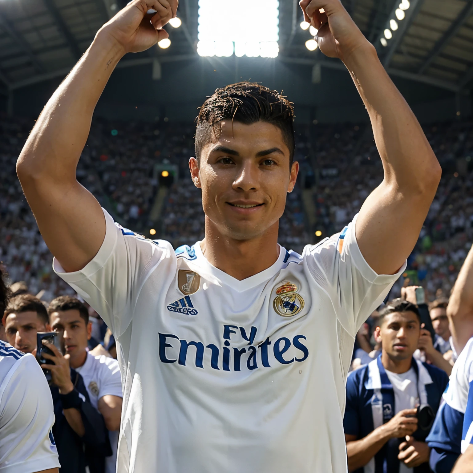 Cristiano Ronaldo wearing a Real Madrid shirt with open arms