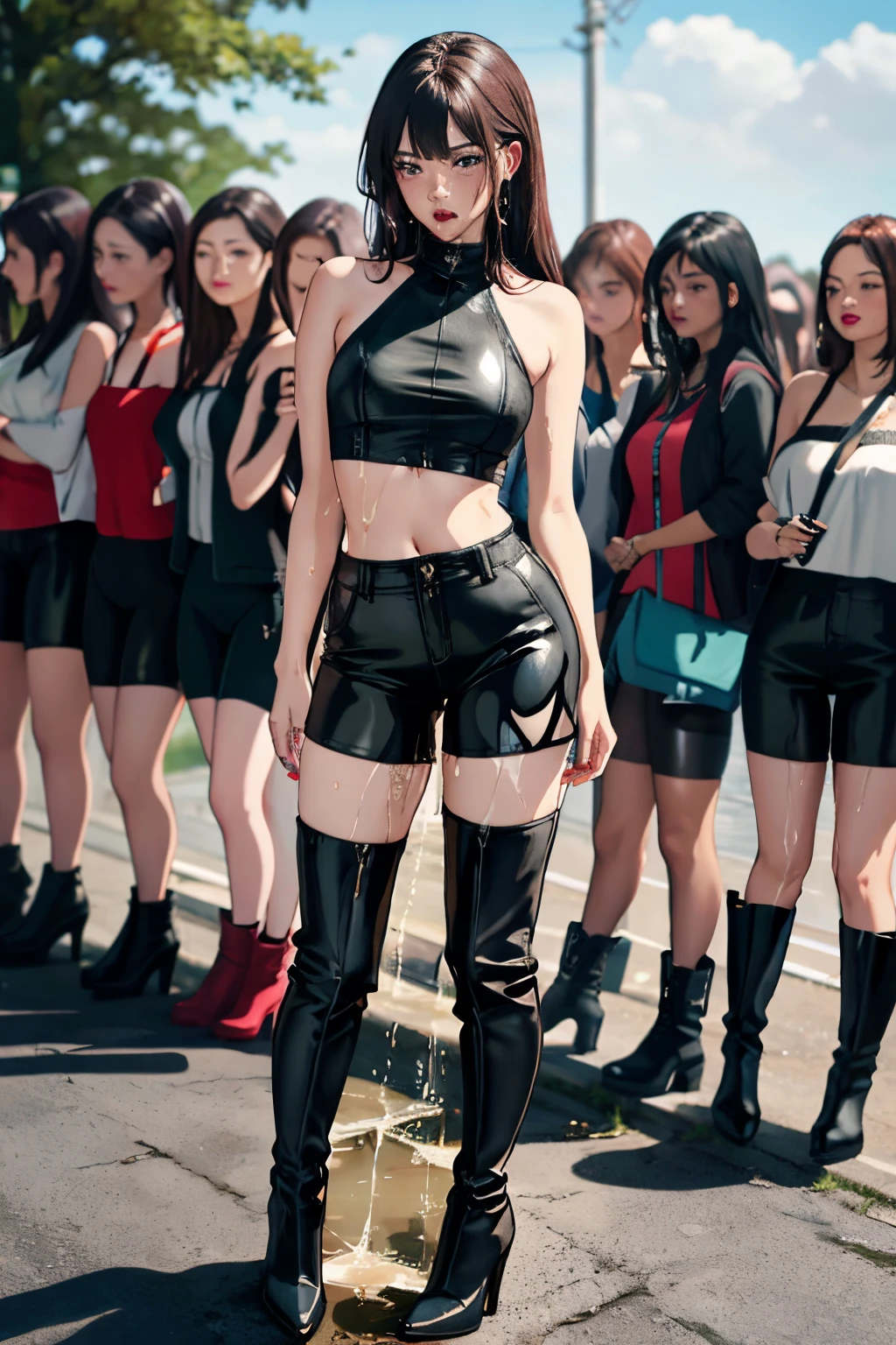 highres, beautiful women, high detail, good lighting, lewd, hentai, (((bike shorts))), (leather halter top), (bare midriff), (cameltoe), (((leather thigh high heel boots))), (wet shorts), (((wetting herself))), (peeing herself), peeing stain, (puddle), (thick thighs), nice long legs, lipstick, detailed face, pretty face, humiliated, embarrassed, (full body shot), ((outdoors waiting for bathroom with line of women in queue))