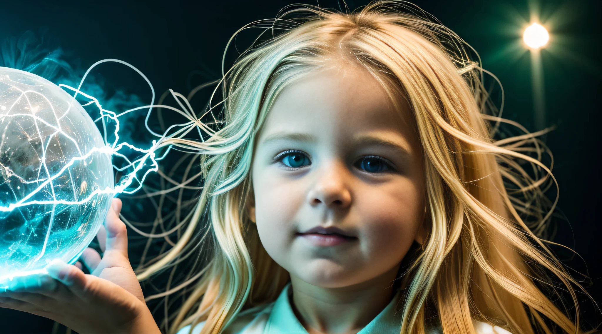 a close-up of a blonde with long hair, BIG BALL OF electrified ICE IN HANDS. Smoke green.