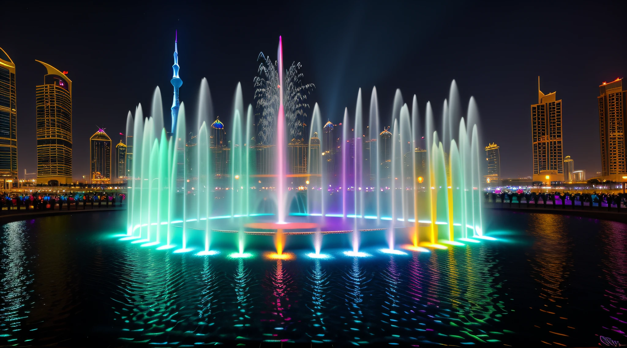 araffe fountain with colorful lights in the middle of a city, fountain of water, fountains, fountain, water fountain, glowing water with caustics, fountain in the middle, light show, vivid background, water jets, vibrant background, amazing water art, dubai, multicolored, glowing water, vibrant lights, beautiful background, cascading iridescent waterfalls