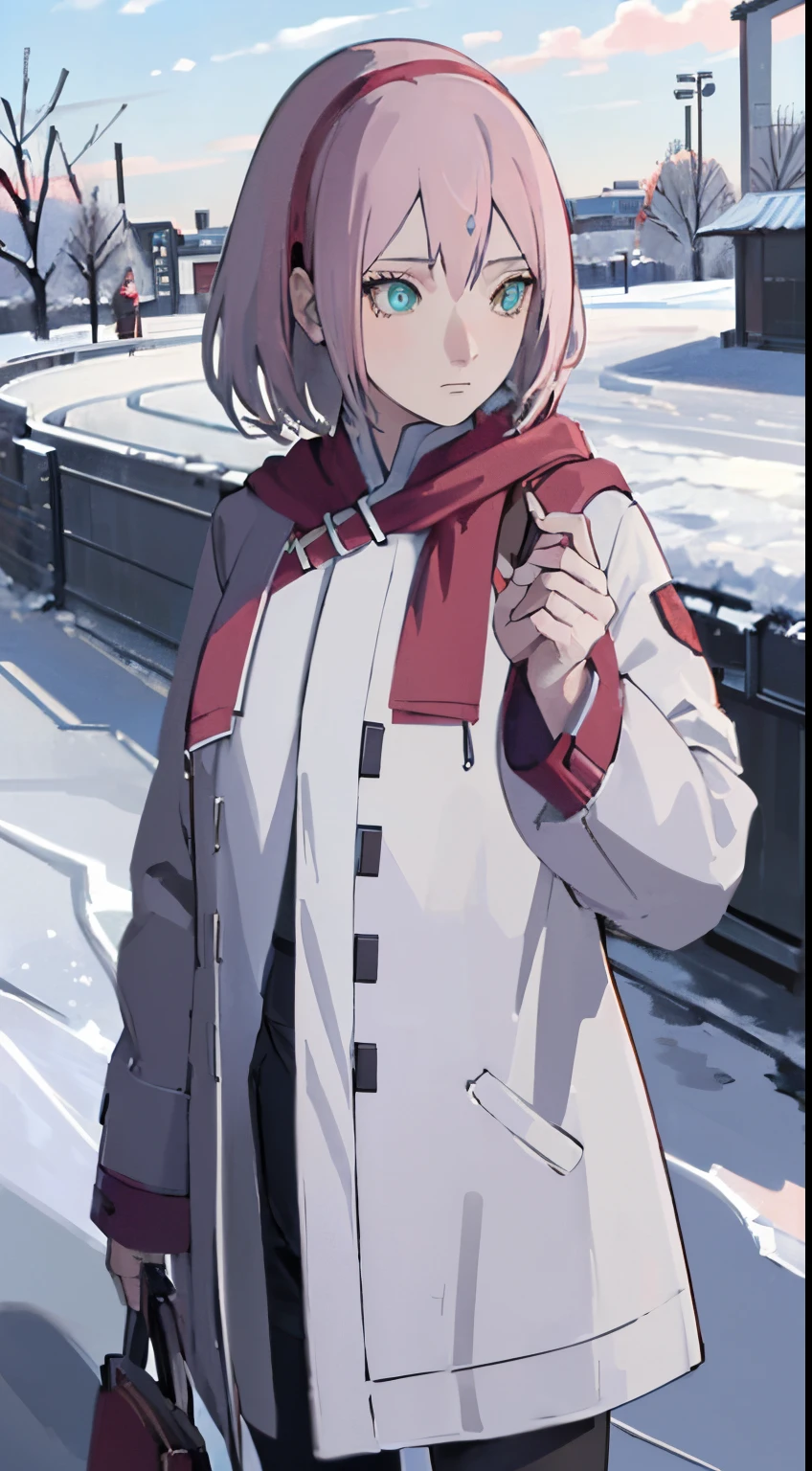 ((1woman,Best Quality), (Highly Detailed 8K Background, Best Shadow), Highly Detailed, (Beautiful Detailed Eyes), ((Winter Clothes, Daylight, Winter))), (Cowboy Shot), Anime, City, Best Quality High detail, 4K