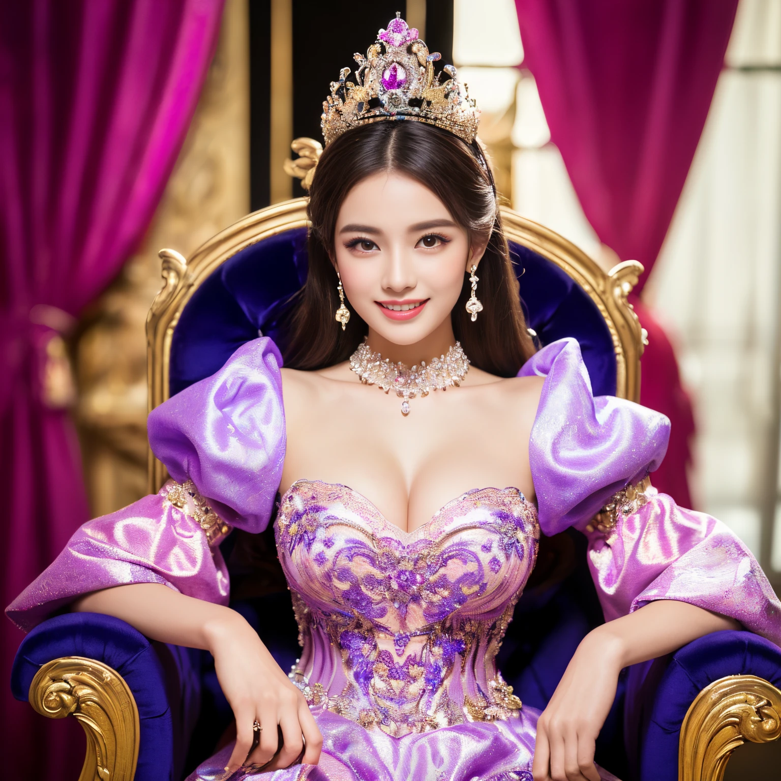 ((highest quality、Tabletop、8k、Best image quality、Extremely intricate and detailed))、((prostitute goddess、Everything is more luxurious than you can imagine.、The most gorgeous prostitute outfit、Surrounded by pink and purple curtains、Pink and purple lighting、Sit on a giant throne、The background is the most luxurious and intricate princess room、The background is all pink and purple and gorgeous.、Shining in Complexity、The best smile looking at the camera、Upper body photo))、(最も豪華なthrone、Lots of pink and purple decorations、Artistic decoration、A large amount of jewellery、The most extravagant and huge tiara、Detailed decoration、Glowing Jewels、Huge pink and purple costume、huge pink and purple sleeves、Very beautiful decoration、Very intricate decoration))、(Royal, Jew、front closeup, throne、Symmetrical Configuration、巨大で壮麗なthrone)