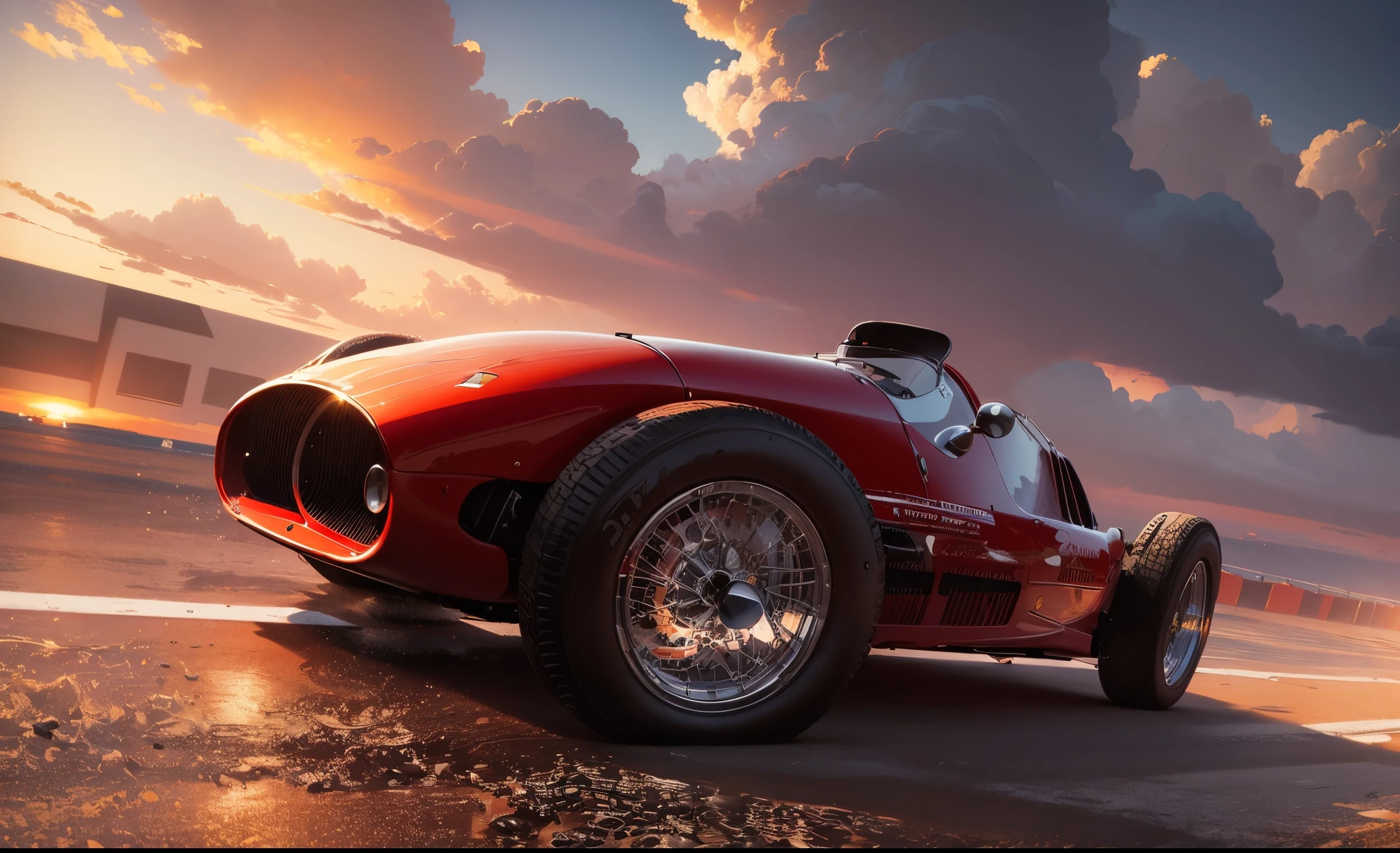 Um carro vintage vermelho formula 1 Ferrari F500 com praia, boats and yachts at sunrise with waterfront buildings by Syd Mead