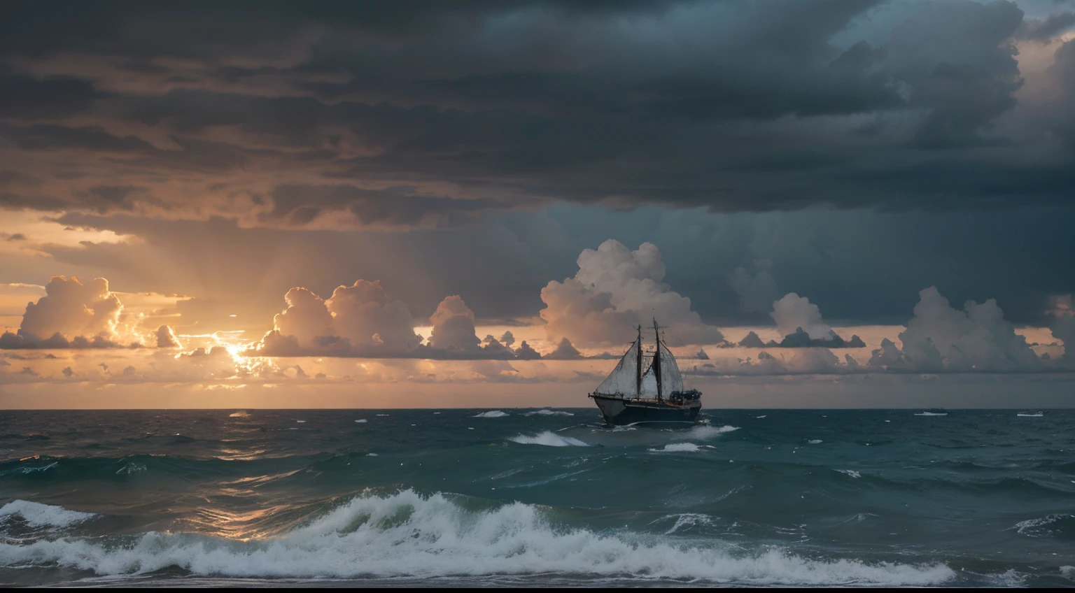 1 farol de navios em cima de uma pequena e rochosa ilha, em um dia de mar revolto, iluminando o horizonte com seu feixe de luz, cloudy sky and on the horizon the sunset in the middle of the heavy clouds, melhor qualidade, papel de parede 8k, imagem horizontal estilo paisagem