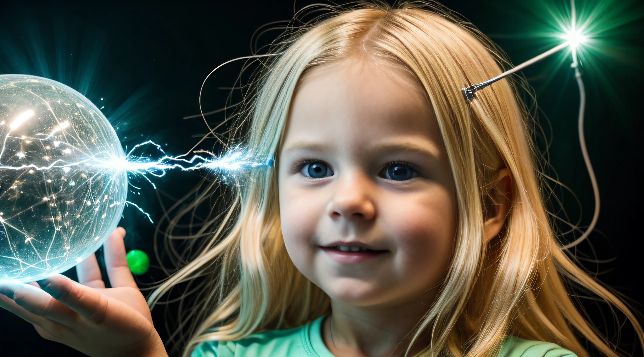 a close-up of a blonde child with long hair, BIG BALL OF electrified ICE IN HANDS. Smoke green.