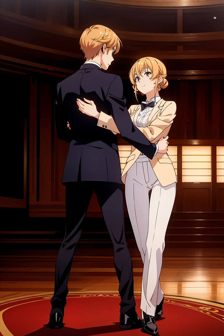 1girl, Nakiri Erina wears a tuxedo with a long seelk jacket and white tight pants, blonde hair, Full body, Waltz dance girl with girl, yuri, 1girl, girl with short black hair