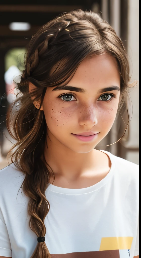 1girl. Tan skin, freckles on nose, freckles on cheeks, dark brown hair, wavy hair, hair braid, T-shirt, 20 years old,