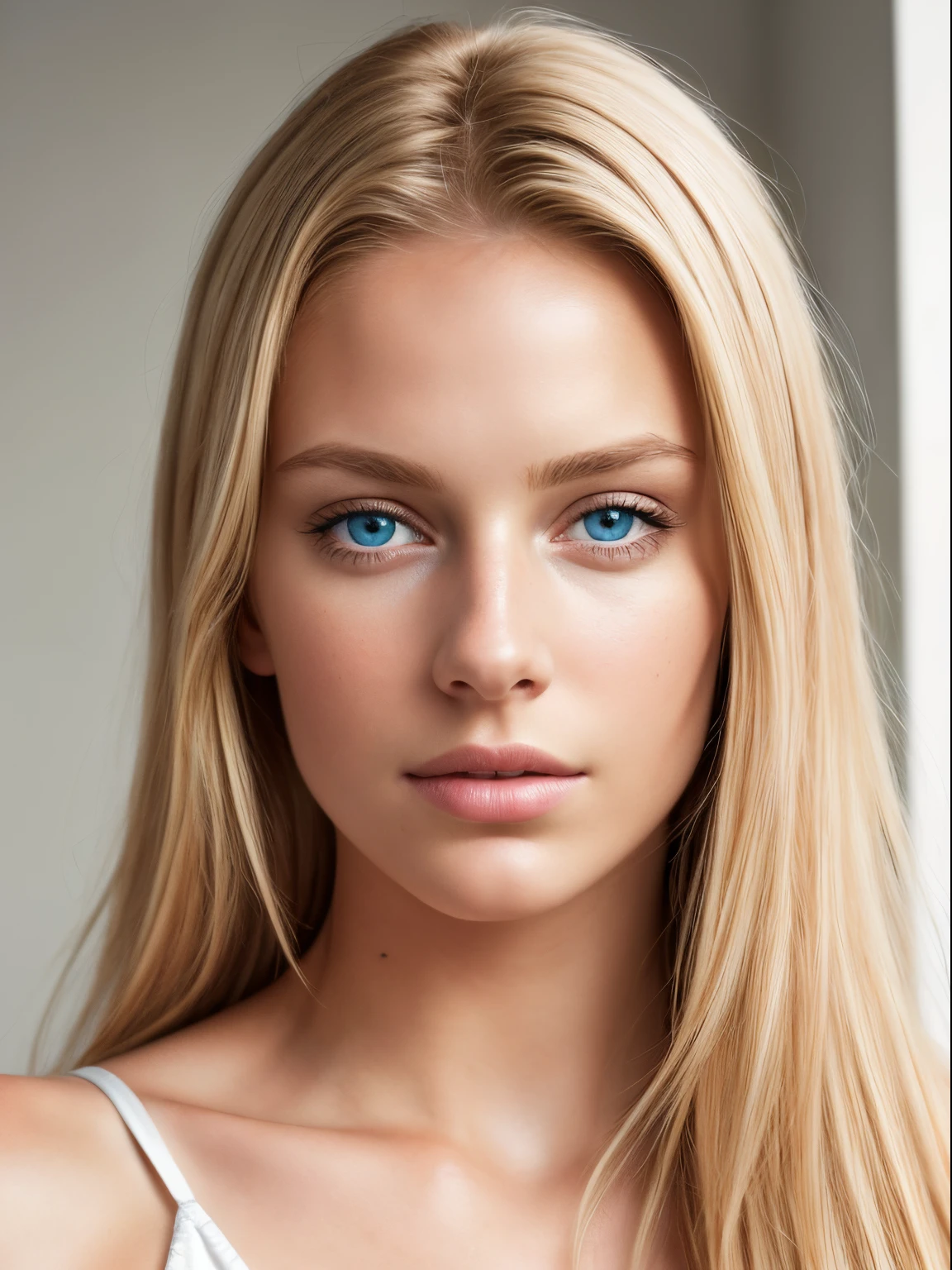 young woman, 22 years, Swede with (light blonde long hair and crystal blue eyes), which make her beautiful face a real eye-catcher. (hyper realism) She is more beautiful than Megan Fox and has more sex appeal than Kim Kardashian.  (((just a picture of the face)))