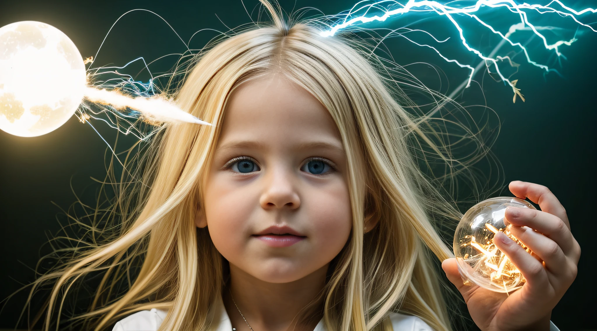 a close-up of a blonde child with long hair, BIG BALL OF electrified ICE IN HANDS. Smoke green.