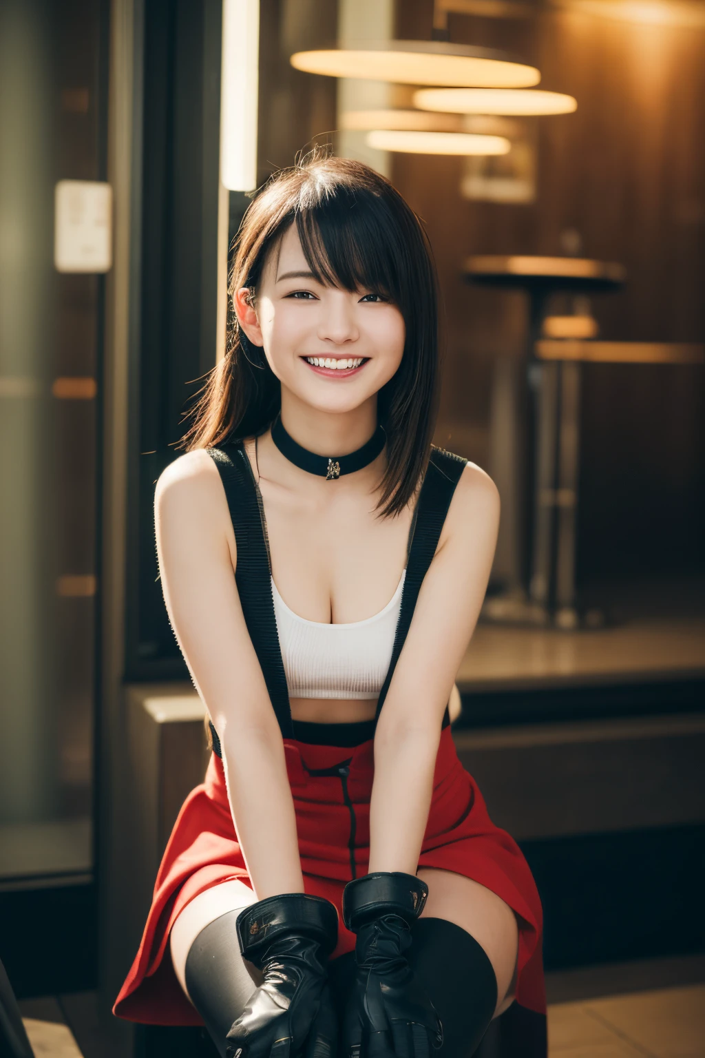 (8K, top-quality, ​masterpiece:1.2), (realisitic, Photorealsitic:1.37), ultra-detailliert,
Detailed portrait of Tipha Lockhart in Final Fantasy VII remake、Sitting in a detailed café of the cityscape on a date、Looks cute and solo with beautiful detailed eye and nose blush。She pads one elbow boot、a black skirt、black thigh highs、Red boots、elbowgloves、elbow pad、Fingerless gloves are worn。Her costume includes、Sportsbra、Suspender Skirt、thigh highs、White tank top included。Her whole body is visible with her head resting on her hands、Her pretty face、long hair tied low、And showing lips。The scene is、profetional lighting、photon maping、Illuminated by Radiosity、It has a Tetsuya Nomura style and cyber futuristic atmosphere。The background has yellow flowers and a bokeh effect。Laughing with white teeth、Lit up