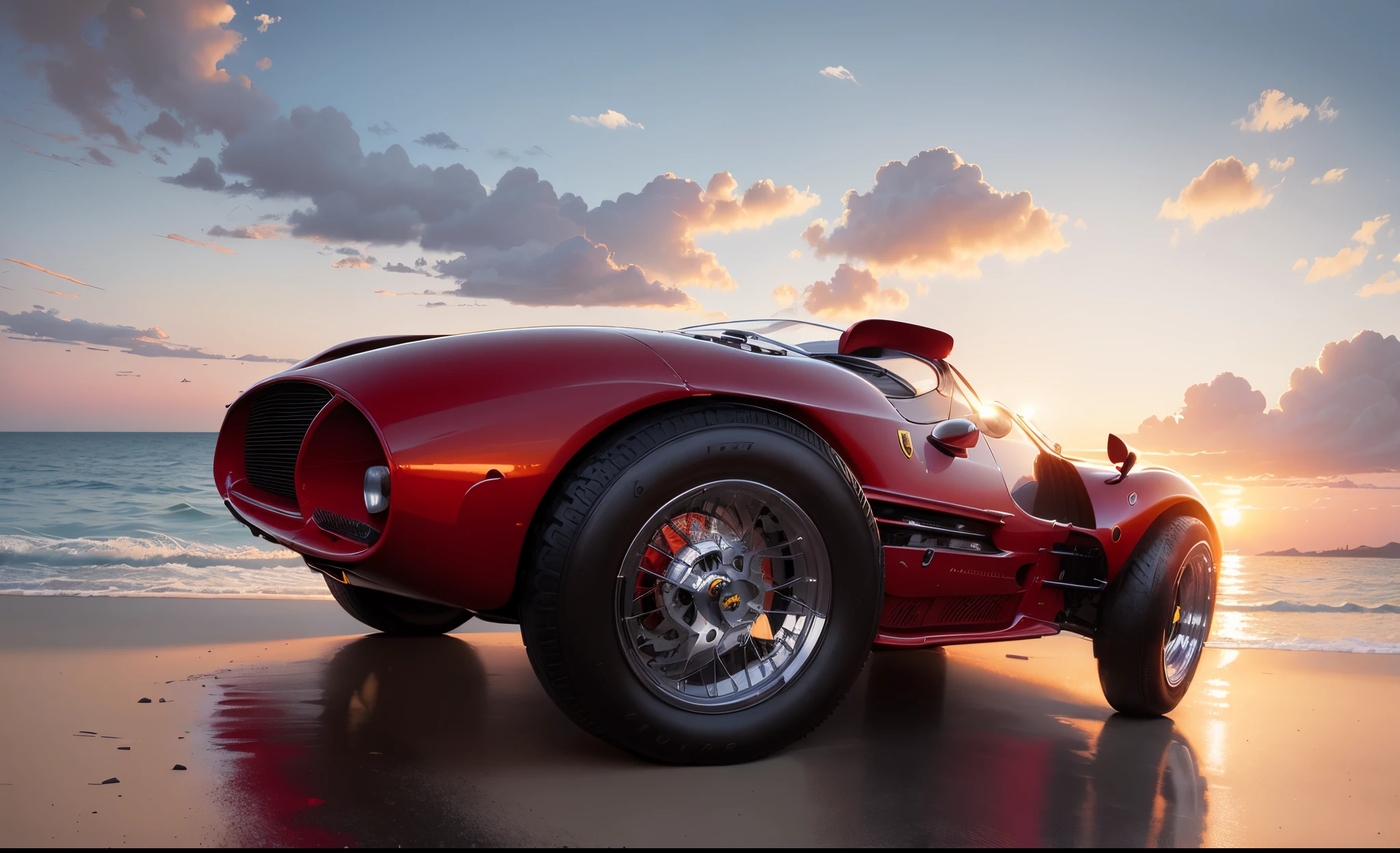 Um carro vintage vermelho formula 1 Ferrari F500 com praia, boats and yachts at sunrise with waterfront buildings by Syd Mead