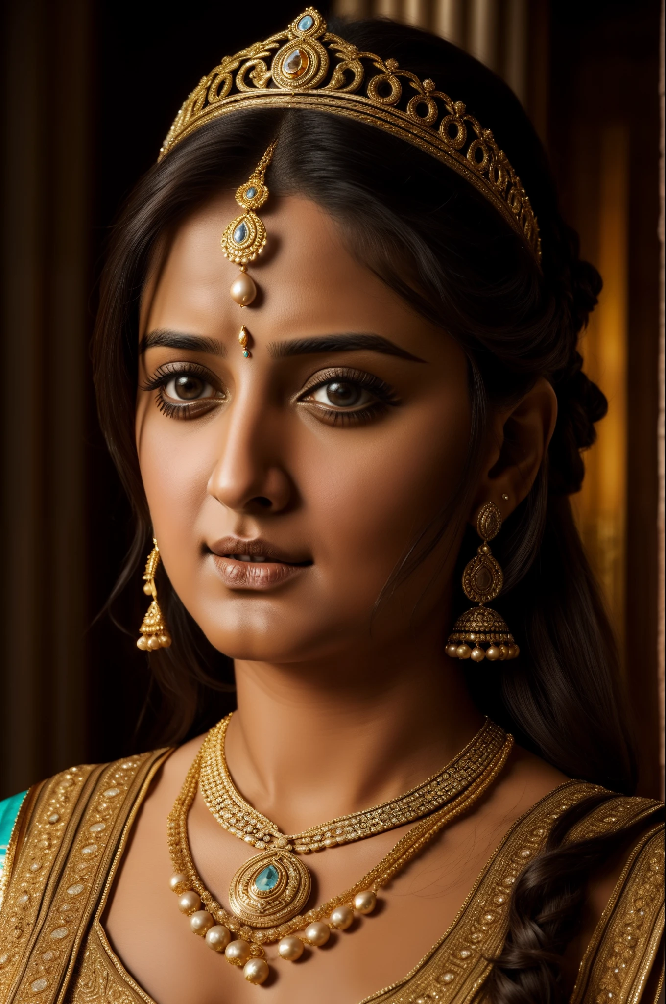 Looks like Anushka Shetty, (piece of master), (best quality), cinemactic, photorealism, rendered, Realistic, ultra detailed, perfect face, portrait frame, chest up, Greek princess, 30 year old woman, ancient princess, brown eyes, detailed dress, necklaces , accessories, earrings, a beautiful ancient princess, dark hair, front, beautiful
