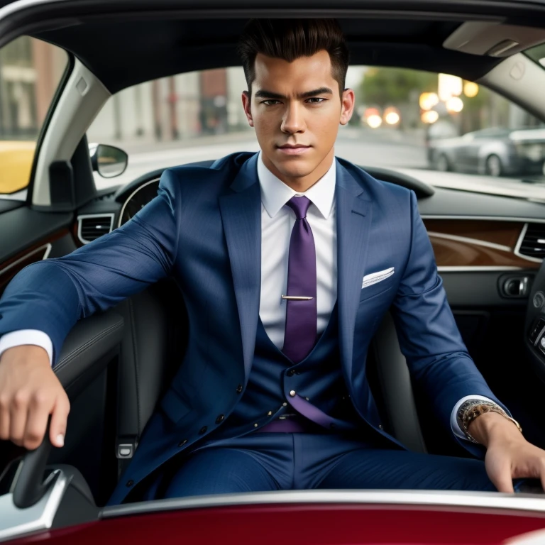 slim american boy, american pop idol, ((moneybags)), ((top-quality, 8K, tmasterpiece: 1.3)), lock focus: 1.2, Handsome guy with perfect figure: 1.4, Detailed depiction of facial and skin textures, 詳細な目, skiny, Handsome face, Symmetrical face, whole-length, Thigh thick, high end suit, Driving a fancy convertible at an intersection