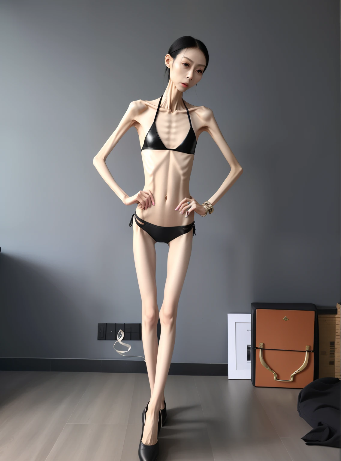 very thin woman,The body is very thin,Protruding sternum,chest atrophy,The waist is very thin,The ribs are noticeable,Protruding ribs,The pelvic protrusion is very obvious,Clear outline of pelvis,thin shoulde,The waist is very thin,Sunken abdomen,Delicate arms,arm muscle atrophy,hunger,Dry lower abdomen,anorexia,Asia face,Wear high-heeled leather shoes,The waist is particularly thin,grieves,Crying tears,Excessive weight loss,The face is sunken and thin,Severe malnutrition,Body as thin as a skeleton