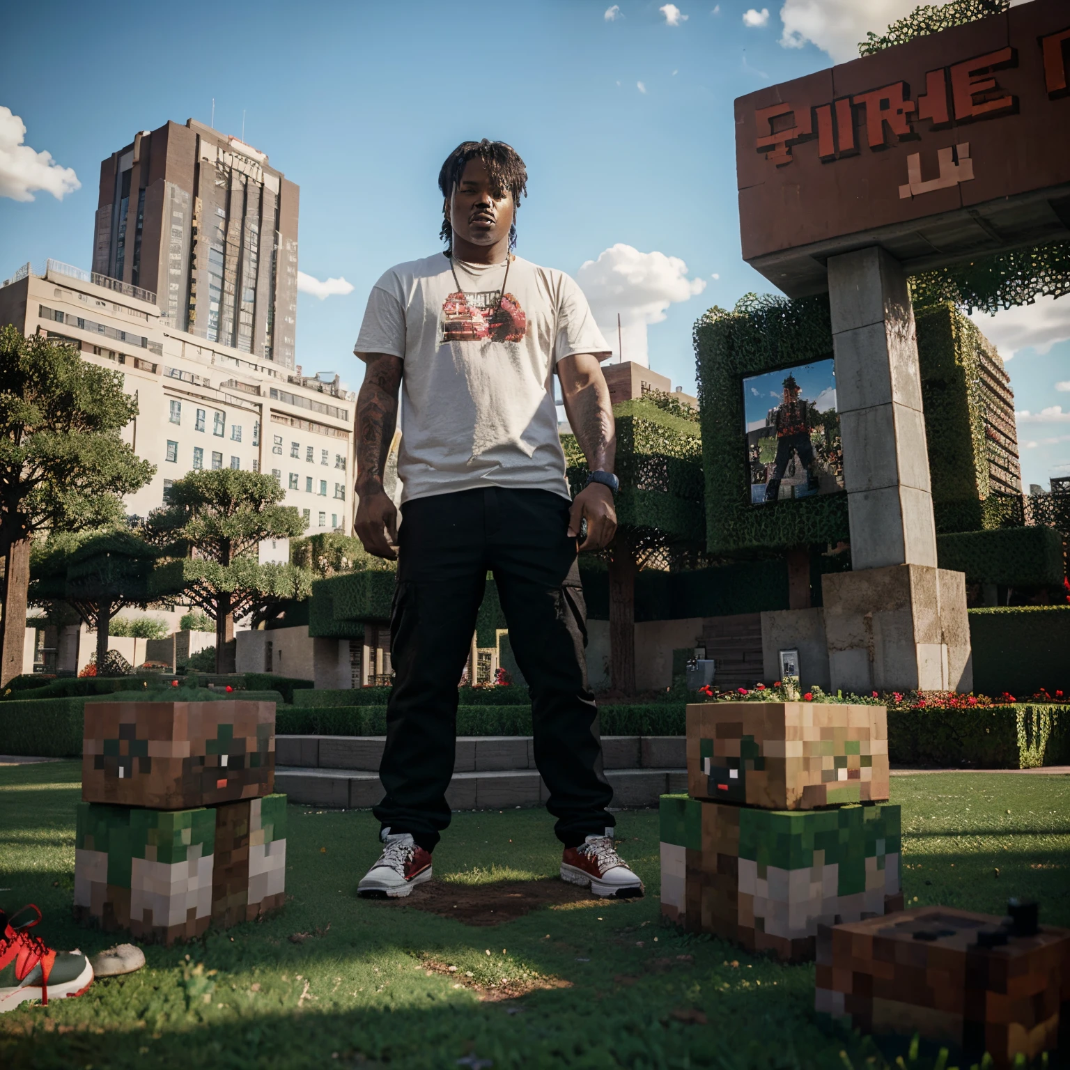 minecraft dirt block smoking a blunt with huge red jordans in a heavenly looking park with a gang of minecraft creepers behind it