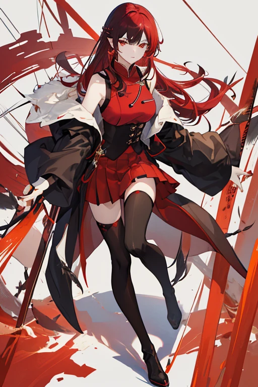 （（tmasterpiece：1.4，best qualtiy））++，（hyper-detailing）+，（best qualtiy，hyper-detailing，vivd colour，rich colourful，dynamic angle，hight contrast：1.2），A teenage girl，Height 163cm，Red long-haired，Shawl hair，Chinesedress，Wearing black and red skirt（various shades of color），black lence stockings，leg loops，火焰（symbol），cropped shoulders，chest window，cropped shoulders，Manteau，fenghuang，There are ear feathers behind the ears，耳Nipple Ring，National tide background，Black over-the-knee boots，fiery red eyes，Holding a red bow and arrow in hand，domineering side leak，temperament，Draw the whole body，Fashionab，National tide background， with dynamism， garments， posing on a， frontage， rich colourful， dyna， Background with， element in， self-assured， Expressing the， statement， fittings， A majestic， coil， Runt， Scenes， Cover of a， boldness， attention-grabbing，Fashionab， typeface， Catchy， attention-grabbing， modern day， Fashionab， focal， Fashionab，delicated face，exquisite facial features，National tide，full bodyesbian