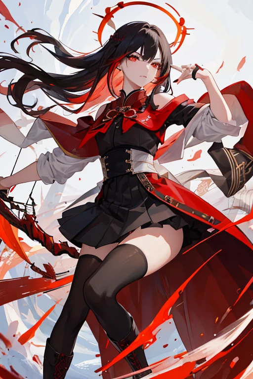 Bare shoulders,Plump breasts,Hands on chest,tights,Holding red spear in hand,Broken red rose
