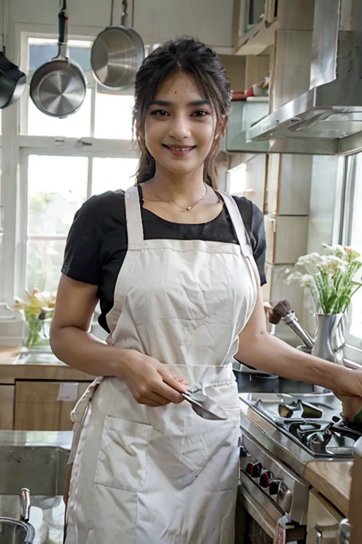 Indian woman、D Cup Breasts、Woman in apron preparing vegetable food in kitchen、Cut the salad、Wear an apron、cooking show、cooking a、Holding a kitchen knife、gourmet cooking、White apron、in kitchen、Using a fork、gourmet cooking、food stylist、in kitchen、Have vegetables with confidence、a smile
