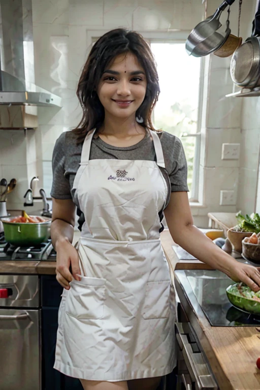 Indian woman、D Cup Breasts、Woman in apron preparing vegetable food in kitchen、Cut the salad、Wear an apron、cooking show、cooking a、Holding a kitchen knife、gourmet cooking、White apron、in kitchen、Using a fork、gourmet cooking、food stylist、in kitchen、Have vegetables with confidence、a smile