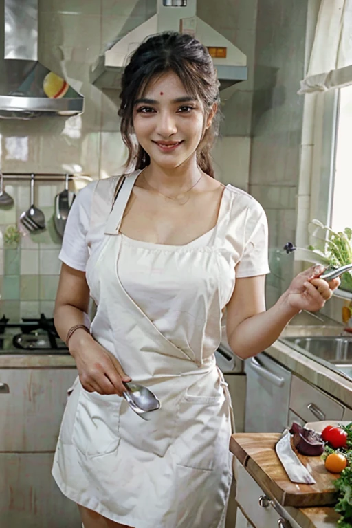 Indian woman、D Cup Breasts、Woman in apron preparing vegetable food in kitchen、Cut the salad、Wear an apron、cooking show、cooking a、Holding a kitchen knife、gourmet cooking、White apron、in kitchen、Using a fork、gourmet cooking、food stylist、in kitchen、Have vegetables with confidence、a smile