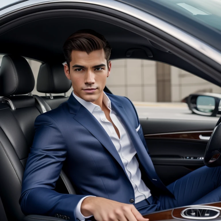 slim american boy, american pop idol, ((pocketbook)), ((top-quality, 8K, tmasterpiece: 1.3)), lock focus: 1.2, Handsome guy with perfect figure: 1.4, Detailed depiction of facial and skin textures, 詳細な目, skiny, Handsome face, Symmetrical face, whole-length, Thigh thick, High-end suits, Driving a luxury convertible at an intersection
