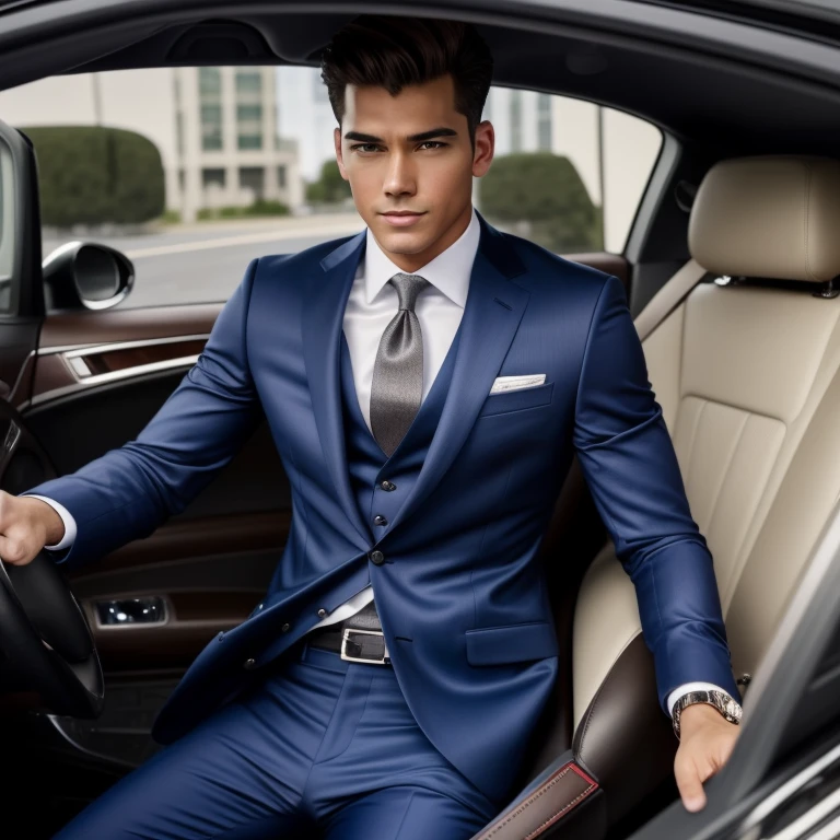 slim american boy, american pop idol, ((pocketbook)), ((top-quality, 8K, tmasterpiece: 1.3)), lock focus: 1.2, Handsome guy with perfect figure: 1.4, Detailed depiction of facial and skin textures, 詳細な目, skiny, Handsome face, Symmetrical face, whole-length, Thigh thick, High-end suits, Driving a luxury convertible at an intersection