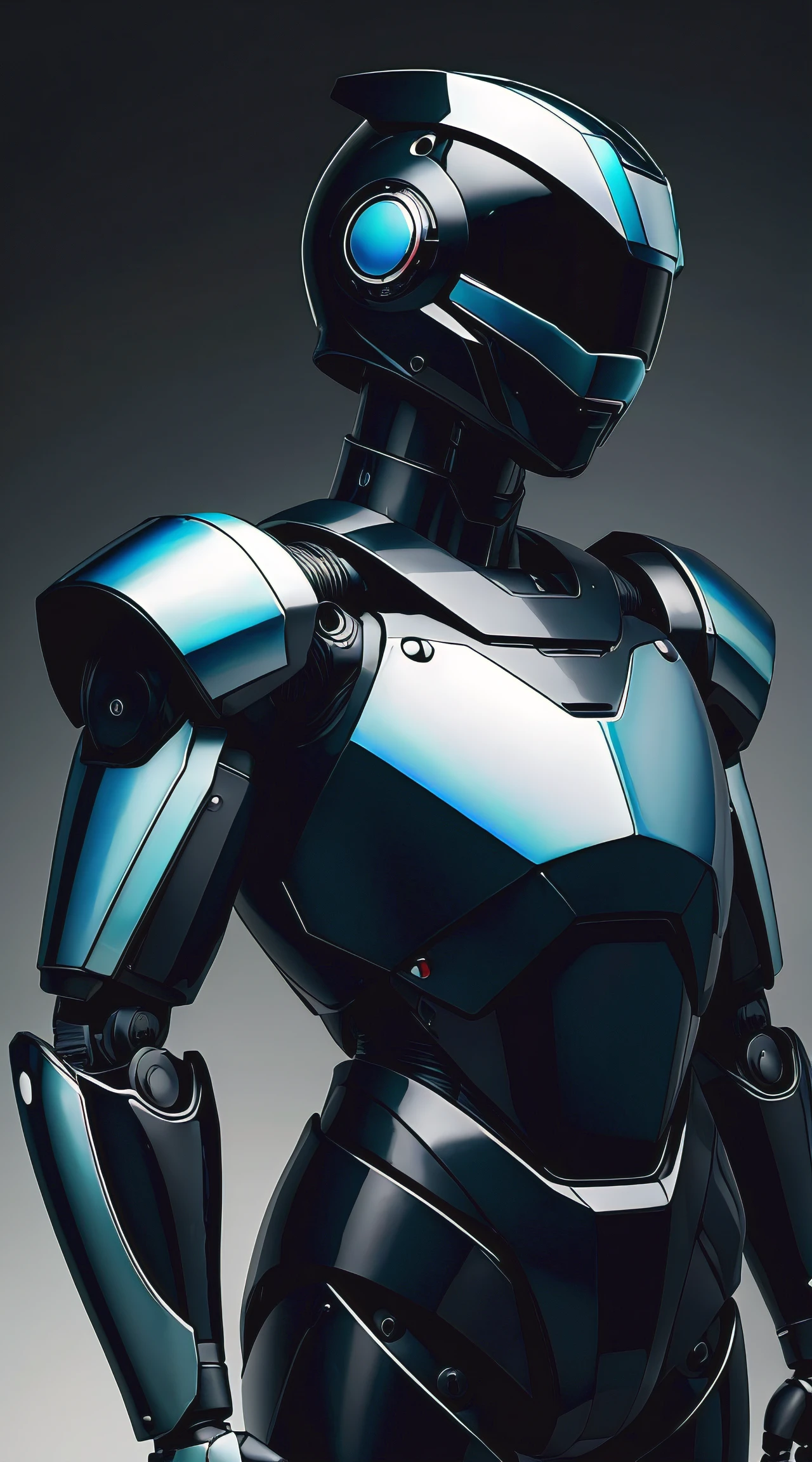 (masterpiece, best quality), Japanese dystopia, a mysterious Humanoid robot with full black helmet standing on iridescent background, porcelain, minimal futurism, 35mm