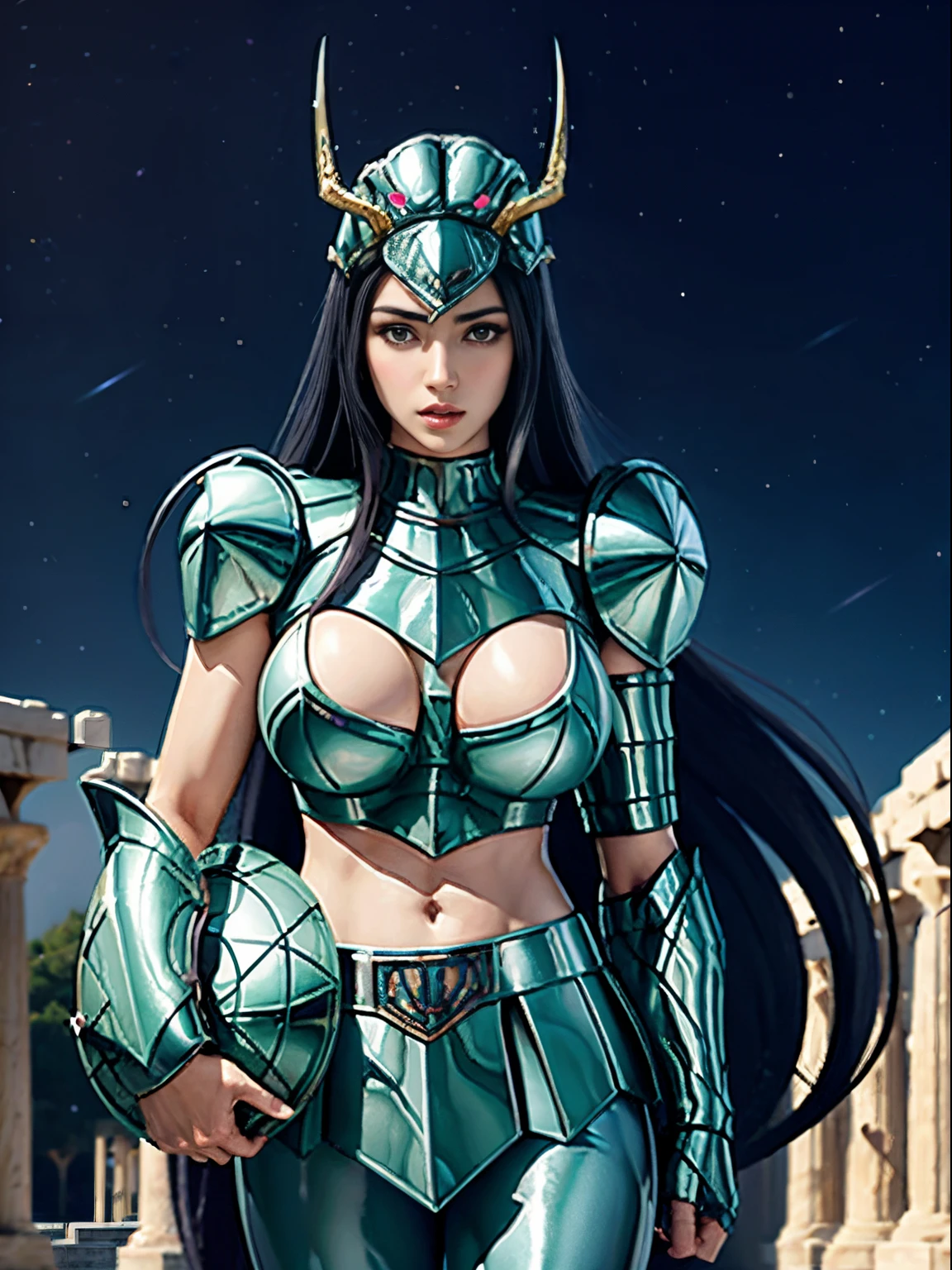 masterpiece, best quality, ultra high res, realistic skin texture, armature, (photorealistic:1.4), high resolution, raw photo, shiny skin, realistic skin texture, best lighting, sparkle, dramatic lighting, dynamic pose, (greek temple background:1.3), night sky, cosmos, milky way, 1girl, (medium breast:1.1), balanced eyes, Dragon Shiryu wearing green silver armor, purple pants, purple short sleeve shirt, wearing dragon helmet, roman skirt plate, (breast plate:1.5), very long hair, shield, cleavage,