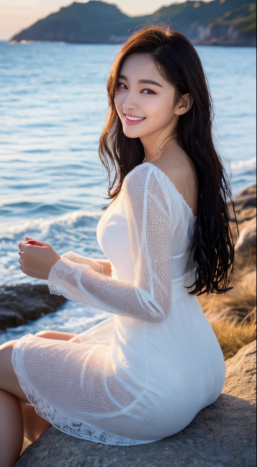 Tabletop、(Highest quality、4K、8K、High resolution、Masterpiece: 1.2)、Super detailed、(Real、Photorealistic、Photorealistic: 1.37)、Full Body Shot、Complex and beautiful eyes、woman、long hair、Natural color lip、whiteＴshirt、Bold and sexy pose、smile、Ocean、20 year old girl、A cute and sexy shot looking straight at the camera。