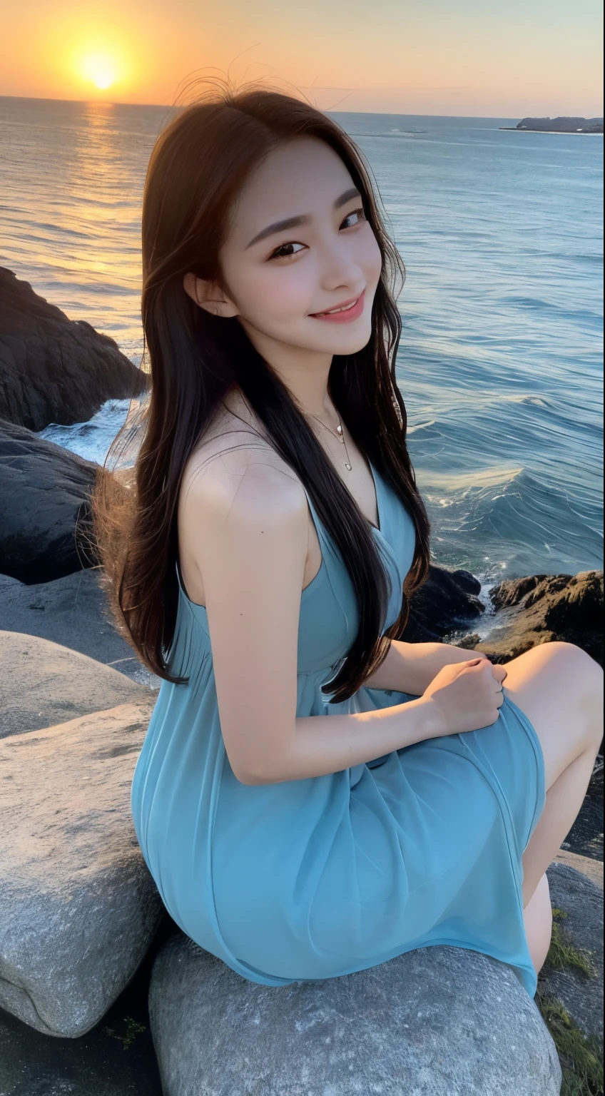 ((Top Quality, 8k, Masterpiece: 1.3)), Focus: 1.2, Perfect Body Beauty: 1.4, Ass: 1.2, (Front-facing full body hose)) ((Delicate Long Hair)), (Wet Clothes: 1.1), (Back Up the Sunset), (Sitting on a Rock)) (Ship, Sea: 1.3), Fine Bandow Dress: 1.1, Highly Detailed Face and Skin Texture, Fine Eyes, Double Eyelids, Whitening Skin, Smile, wear a necklace,