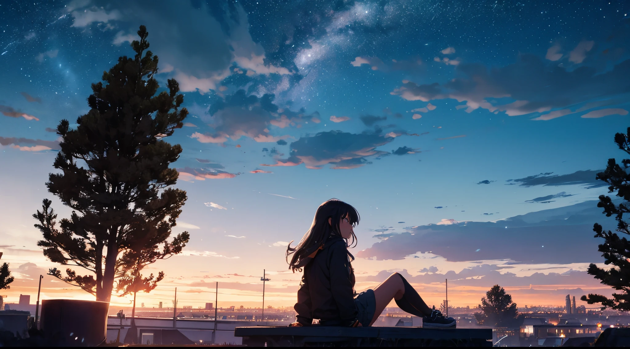 octans, sky, star (sky), scenery, starry sky, night, 1girl, night sky, solo, outdoors, building, cloud, milky way, sitting, tree, long hair, city, silhouette, cityscape
