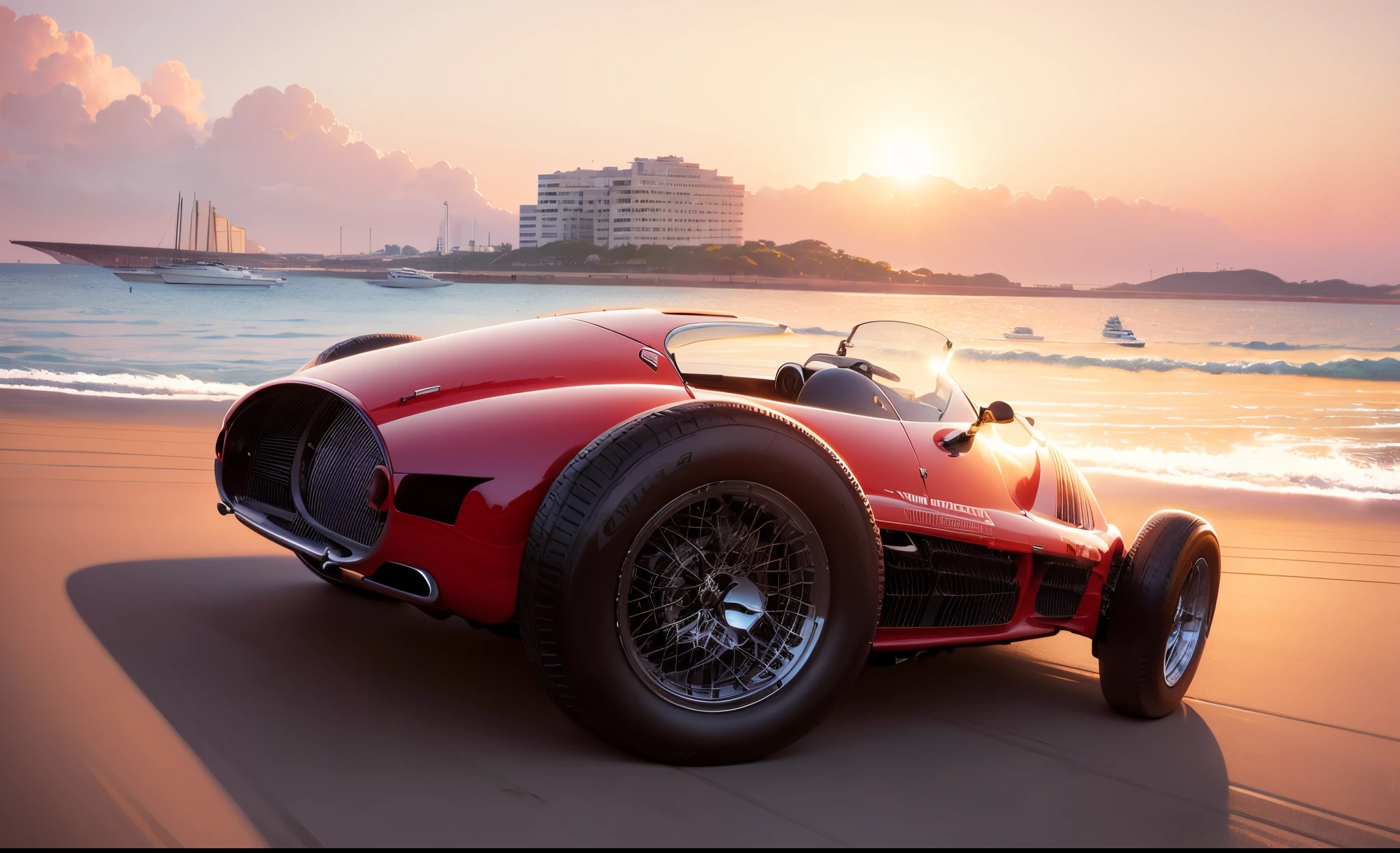 Um carro vintage vermelho formula 1 Ferrari F500 com praia, boats and yachts at sunrise with waterfront buildings by Syd Mead