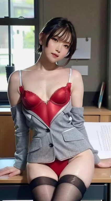 r_ap82_, Top Quality, Photorealistic , 8k, High Definition, 1 girl, Female, (medium breasts: 1.8), Office, Grey suit, , Skirt boldly pulled up, At work (((sitting at desk and legs wide open)), Knees bent and legs open, Little short hairstyle, Stockings, Red sheer panties