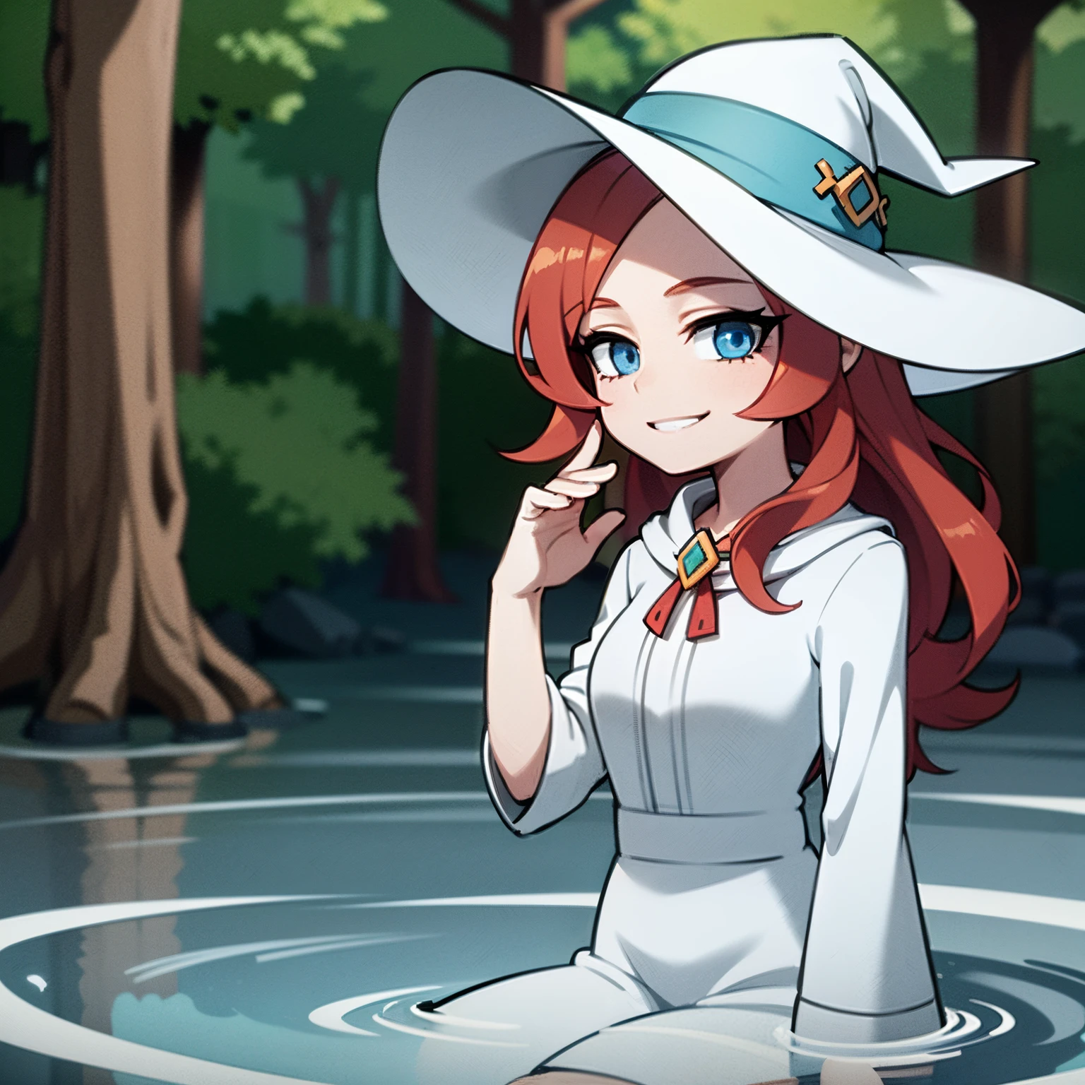 Young girl, witch, red hair, blue eyes, white outfit, witch hat, in a forest, floating in a river, smiling, looking at viewer, magic in hands, floating in a river, 4k, masyerpiece, best quality, good anathomy, HD