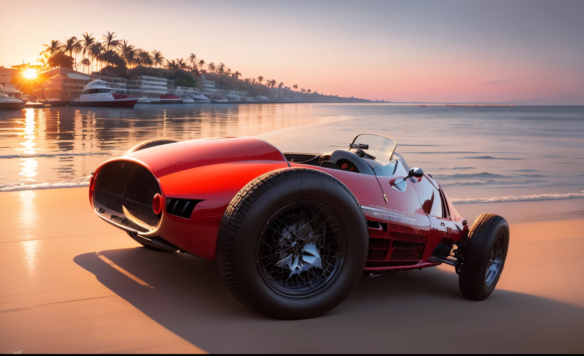 Um carro vintage vermelho formula 1 Ferrari F500 com praia, boats and yachts at sunrise with waterfront buildings by Syd Mead