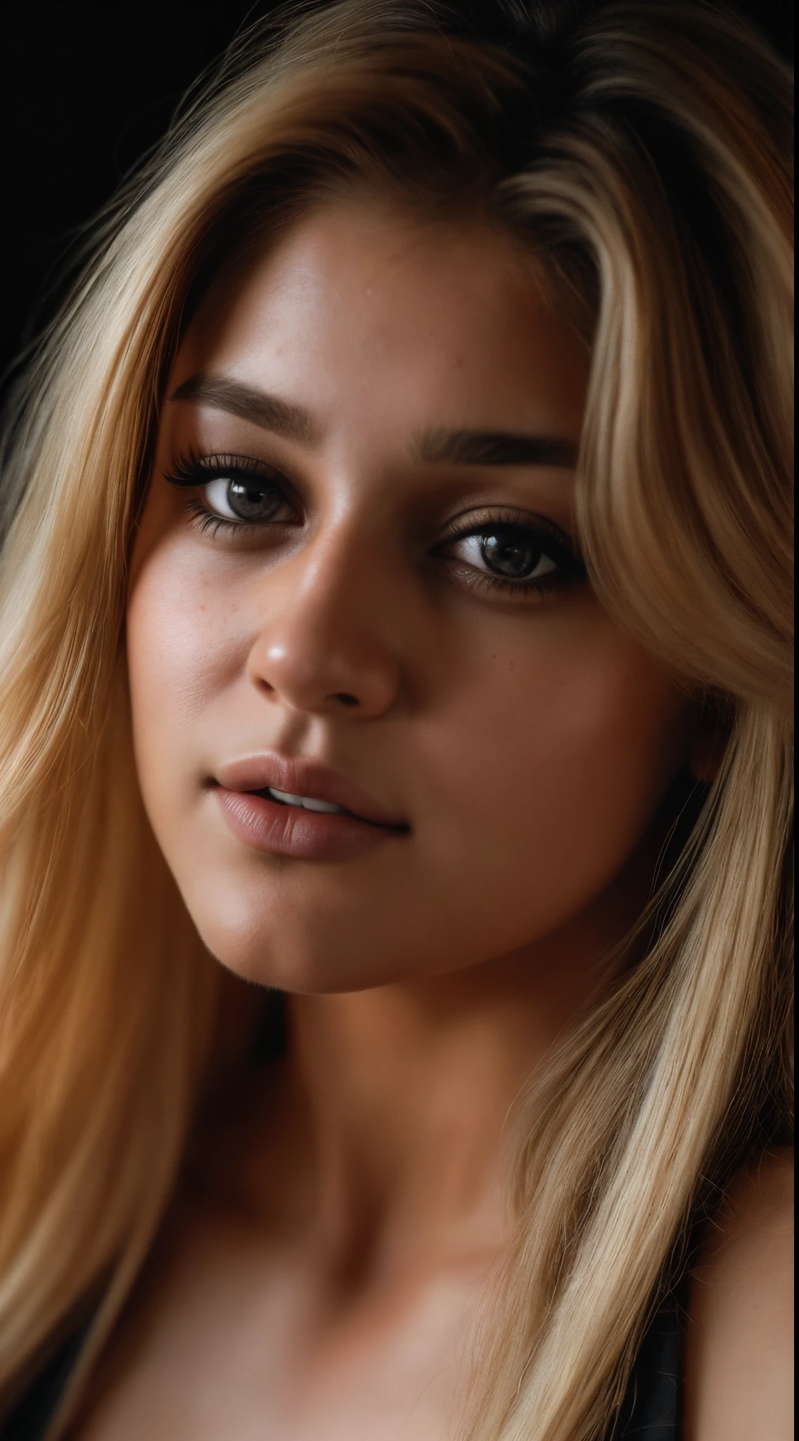 Looks like Nayanthara, (Close-up, editorial photograph of a 25-year-old woman) (Blonde hair) (beautiful eyes)(Highly detailed face:1.4) (smiling:0.9) (dark background, Moody, private study:1.3) Pov, Direction : Lee Jeffries, Nikon D850 |, film stock photography, 4 Kodak Portra 400, camera f1.6 lens, rich colors, hyper realistic, realistic texture, dramatic lighting, cinestill 800,