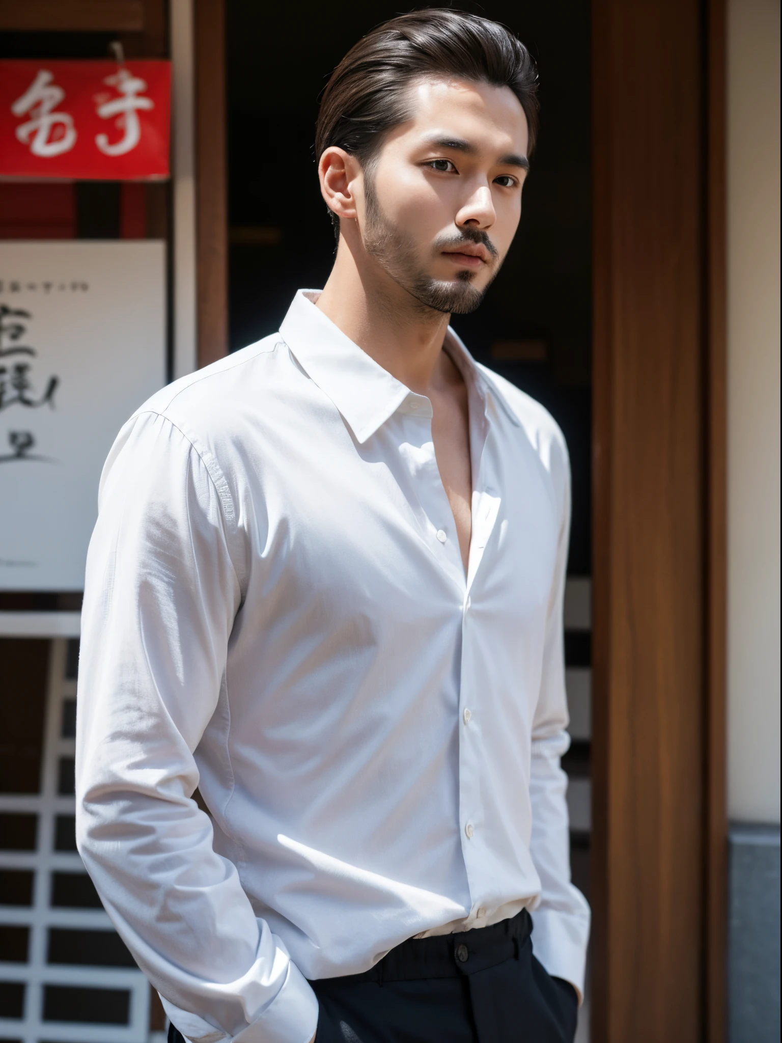 man, 30 years old, slick back, shirt, japanese street, half body photo