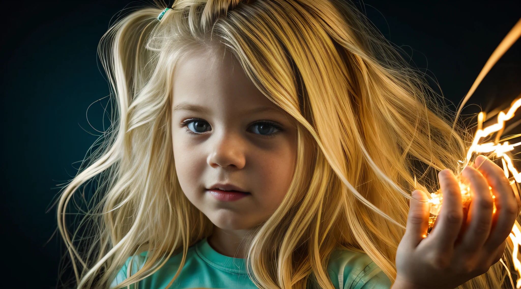 a close-up of a blonde child with long hair, BIG BALL OF electrified ICE IN HANDS. Smoke green.