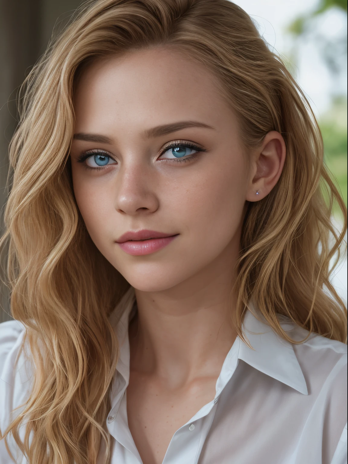 masterpiece, realistic, detailed eyes, beautiful, looking at the viewer, natural lighting, depth of field, film grain, wrinkled skin, 24yo, female, solo, wavy long blonde hair, blue eyes, white, formal shirt, freckles, smile, lips, upper body, Portrait, Close-up, Front view, Exterior