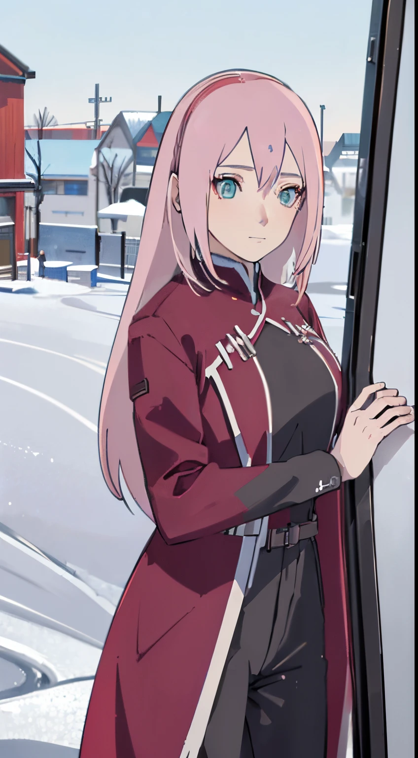 ((1woman,Best Quality), (Highly Detailed 8K Background, Best Shadow), Highly Detailed, (Beautiful Detailed Eyes), ((Winter Clothes, Daylight, Winter))), (Cowboy Shot), Anime, City, Best Quality High detail, 4K