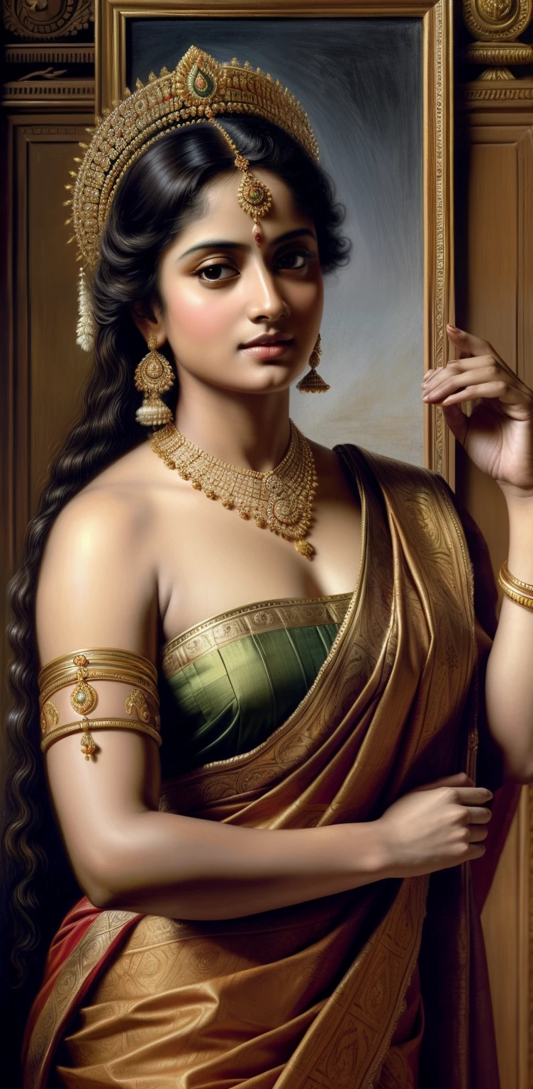 Beautiful Indian Woman, wearing saree, sari Beauty, gorgeous, Apsara, Maharani, royal queen woman, nymph from Hindu Mythology, Urvashi, matchless beauty, Highly detailed, Oil Painting by Peter Paul Rubens inspired by Raja Ravi Varma, Matchless beauty, captivating, gorgeous, heavenly beauty, celestial beauty, by Peter Paul Rubens, 1893, realistic, hyper realistic, micro details, incredible artwork, insane details, ultra High resolution, 8k, 32k, acrylic on canvas, intricate, flawless, detailed, detailed face, detailed eyes, masterpiece, by Peter Paul Rubens, by Caravaggio, by William Adolphe bouguereau, perfect face, perfect body, beautiful art, realism, baroque, renaissance Art, highly textured, beautiful and detailed eyes, uhd, best quality,