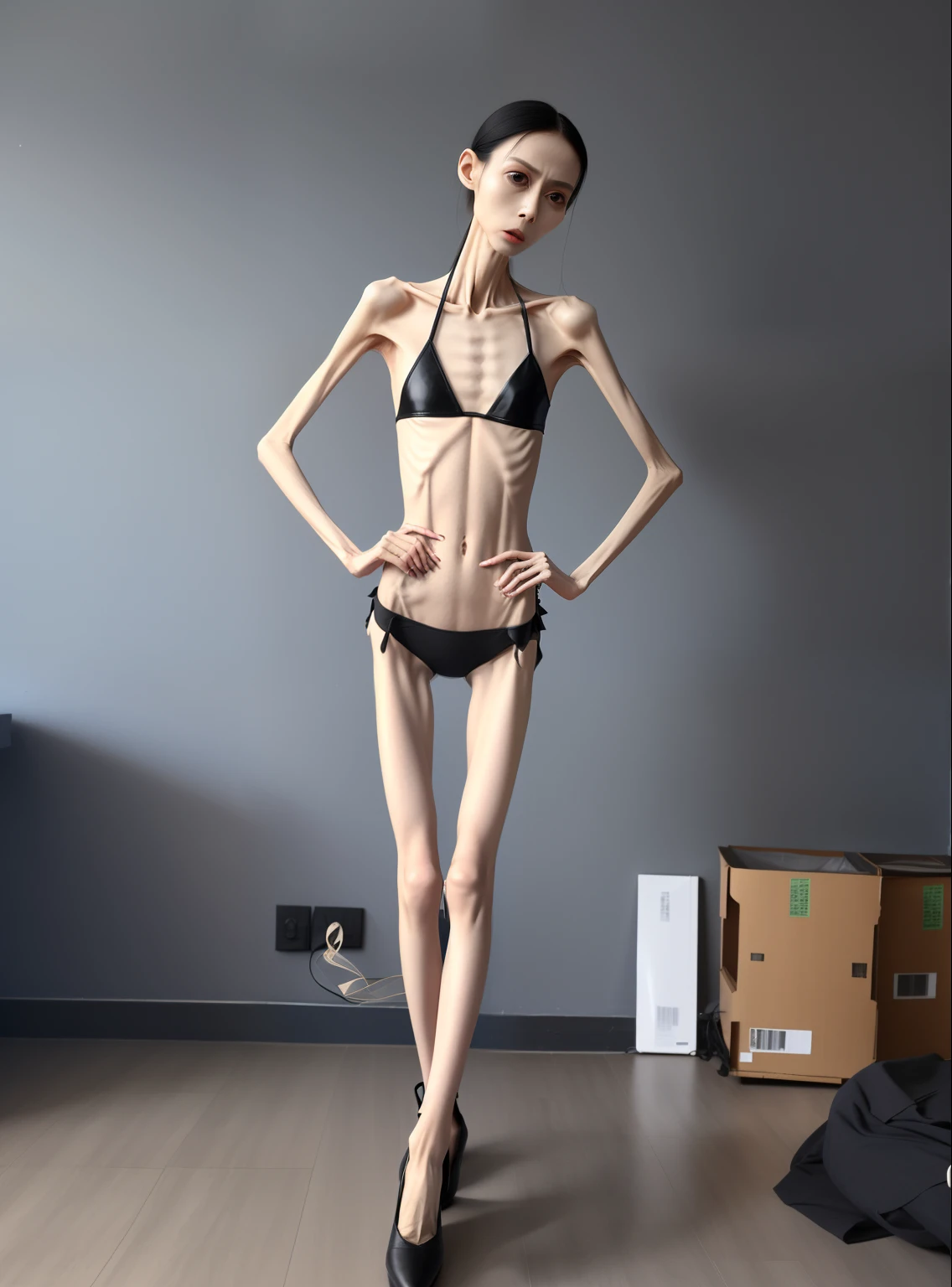 very thin woman，The body is very thin，Protruding sternum，chest atrophy，The waist is very thin，The ribs are noticeable，Protruding ribs，The pelvic protrusion is very obvious，Clear outline of pelvis，thin shoulde，The waist is very thin，Sunken abdomen，Delicate arms，arm muscle atrophy，very hungry，anorexia，Asia face，Wear high-heeled leather shoes，The waist is particularly thin，frustrated expression，streaming tears，Excessive weight loss，The face is sunken and thin，Severe malnutrition，Body as thin as a skeleton