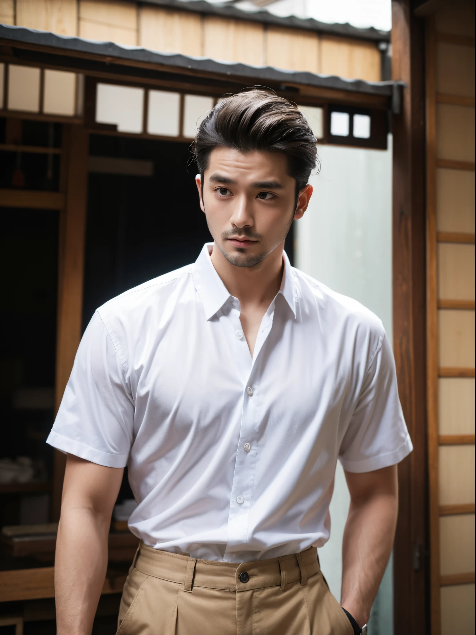 man, 30 years old, slick back, shirt, japanese street, half body photo